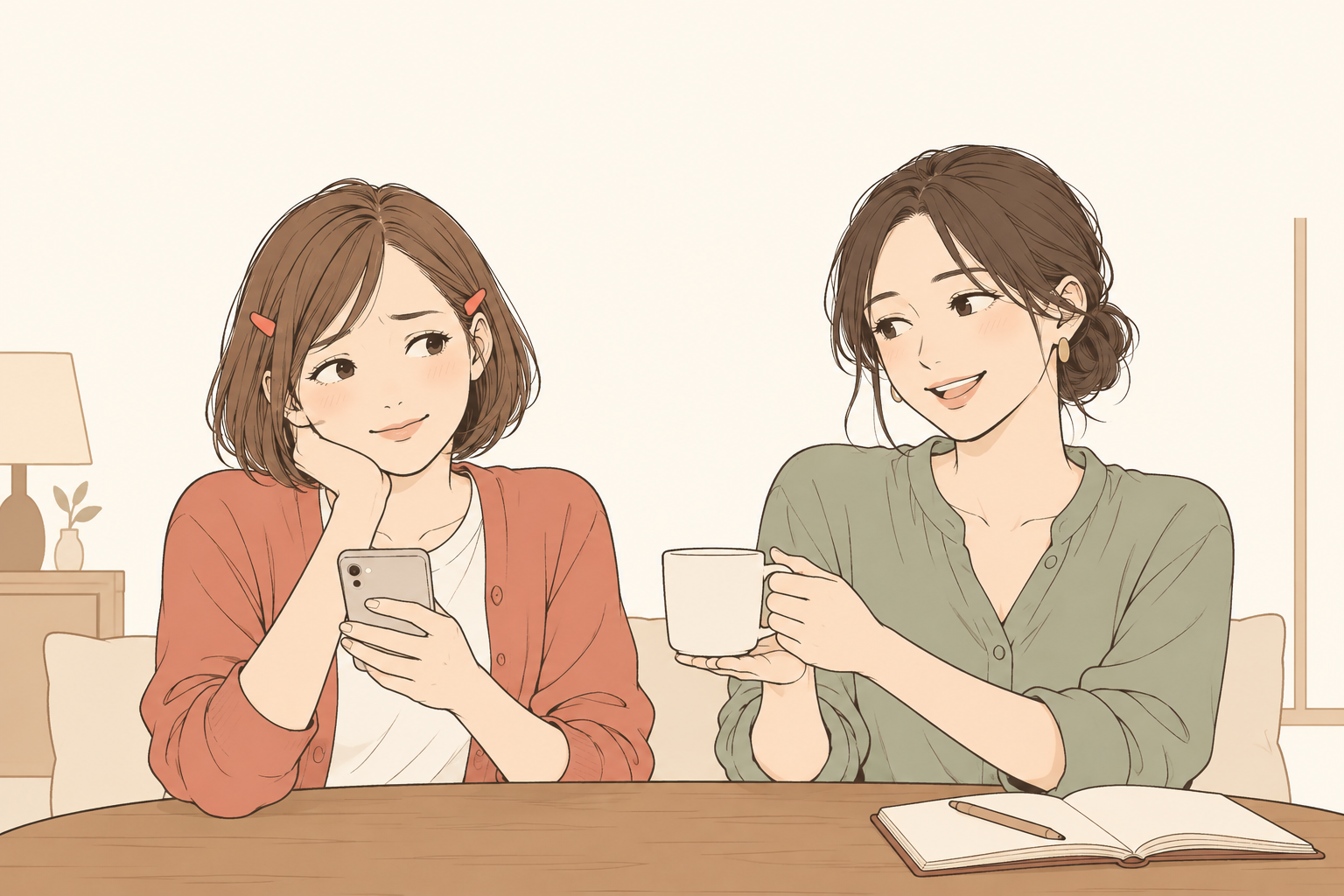 スマホを気にするあかりと、手帳を開いて話すなつ。架空の友人ふたりの夜。